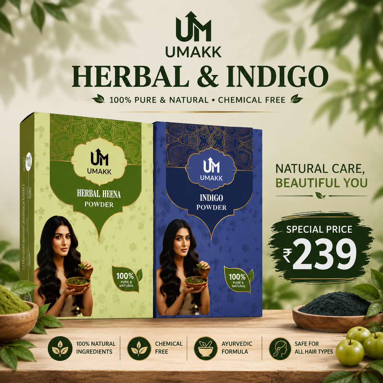 Organic Indigo Leaf Powder & Herbal Henna Powder – Natural Hair Colour Combo