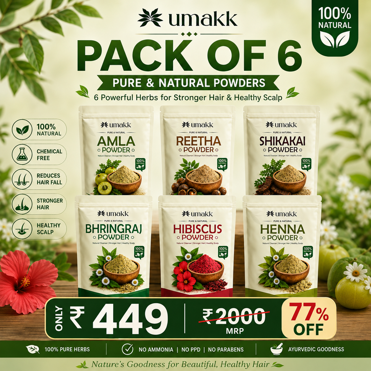 UMAKK Herbal Hair Care Powder Combo 500g | Amla, Reetha, Shikakai, Bhringraj, Hibiscus & Henna Powder | 100% Pure & Natural | For Stronger Hair & Healthy Scalp