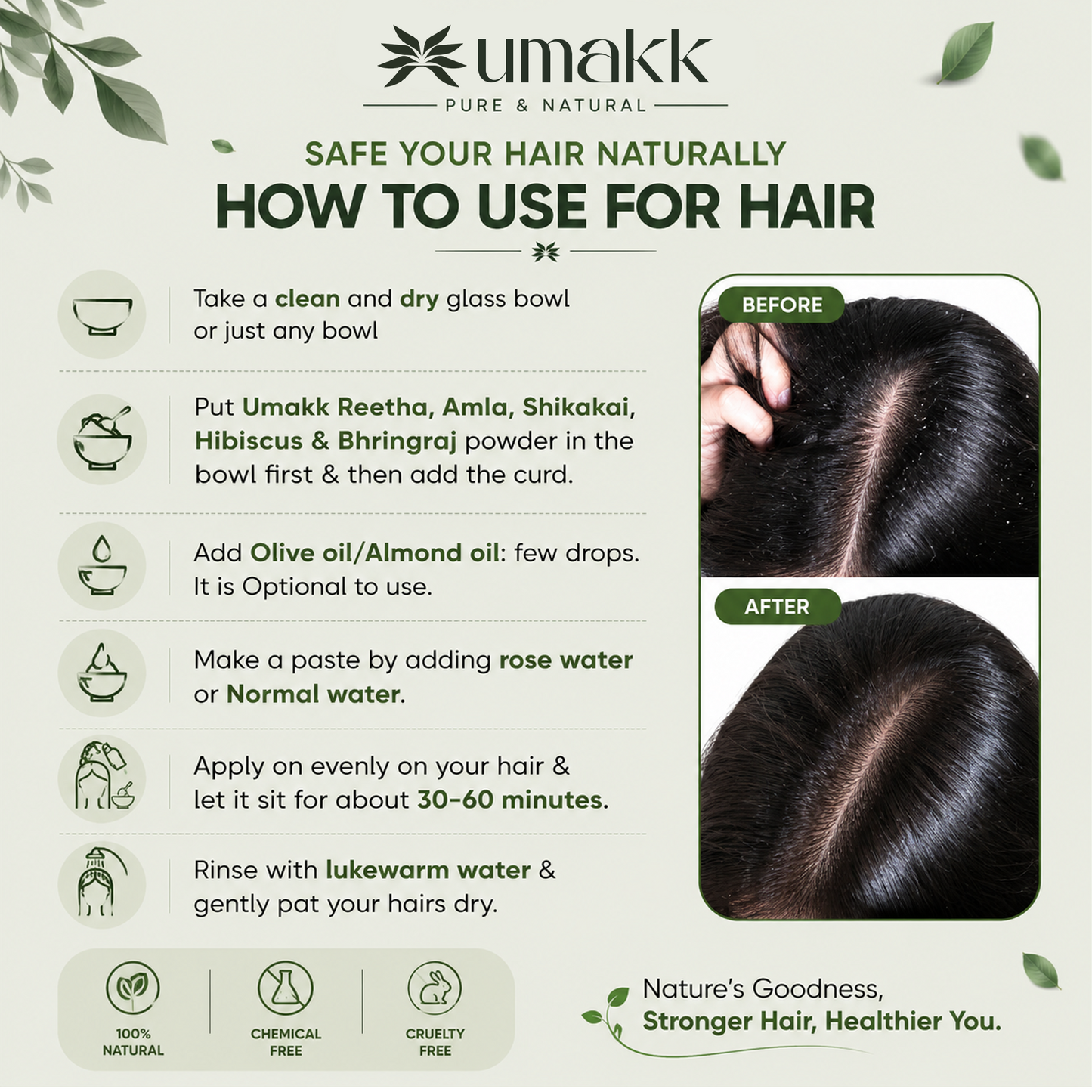 UMAKK Herbal Hair Care Powder Combo 500g | Amla, Reetha, Shikakai, Bhringraj, Hibiscus & Henna Powder | 100% Pure & Natural | For Stronger Hair & Healthy Scalp